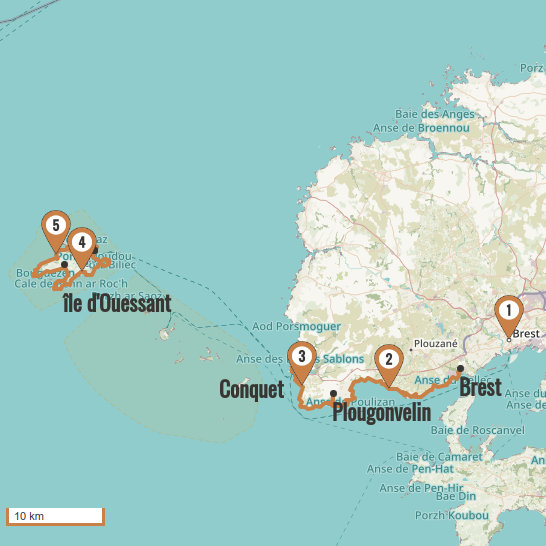 Carte du voyage 3 - Côte d'Iroise : de Brest à Conquet via île d'Ouessant - Bretagne